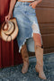 Western Distressed Raw Edge Asymmetrical Hem Stretch Denim Midi Skirt